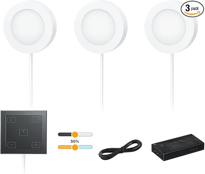 VST Under Cabinet Lights CCT 3000K-6000K, Puck Lights Color Temperature and Brightness Adjustable with Touch Switch and ETL Listed Led Driver, Plug in Led Light for Kitchen Under Cabinet 3pack