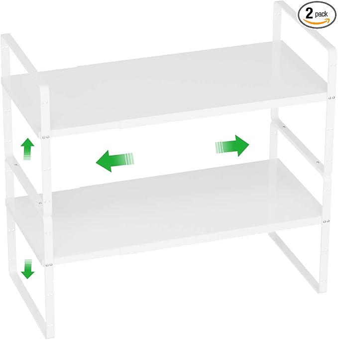 Cabinet Organizer Shelves,Expandable Cabinet Spice Racks,Stackable Shelves,Adjustable Storage Shelves for Kitchen Pantry Countertop Cupboards Bathroom,White,D:8.07",2 Packs