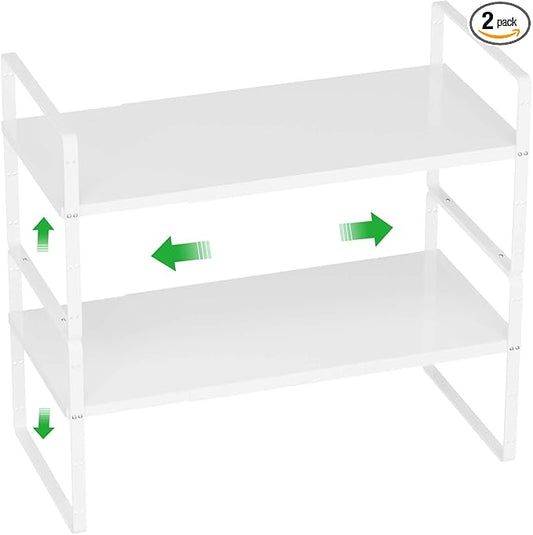 Cabinet Organizer Shelves,Expandable Cabinet Spice Racks,Stackable Shelves,Adjustable Storage Shelves for Kitchen Pantry Countertop Cupboards Bathroom,White,D:8.07",2 Packs