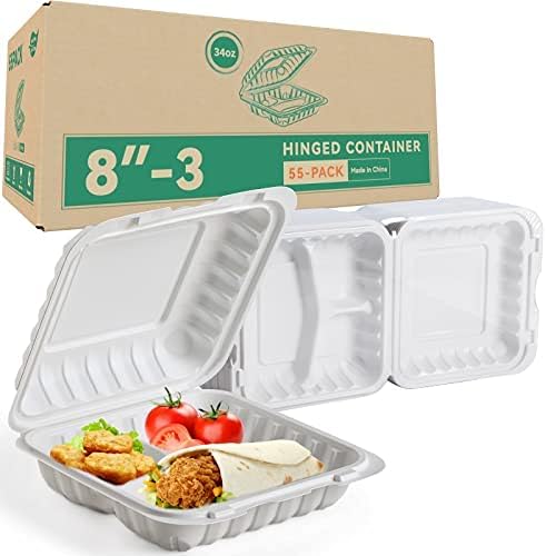 Takeout Container Mineral Filled PP Plastic - 55 Pack 8 Inch 34oz | Shrink Wrap BPA Free Food Container | Freezer & Microwave Safe for Food Delivery | White 3 Compartment Disposable Lunch Boxes