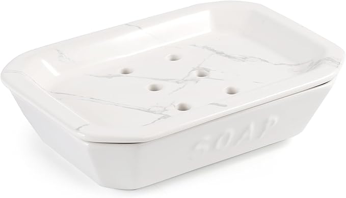 Soap Dish, Ceramic Self-draining Soap Holder, Double Layer Bar Soap Holder with Drain, Soap Dishes for Bathroom Shower Kitchen, Easy to Clean Keep Soap Dry, Off-white with Marble Pattern, ANTIS'S HOME