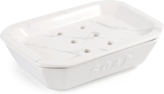 Soap Dish, Ceramic Self-draining Soap Holder, Double Layer Bar Soap Holder with Drain, Soap Dishes for Bathroom Shower Kitchen, Easy to Clean Keep Soap Dry, Off-white with Marble Pattern, ANTIS'S HOME