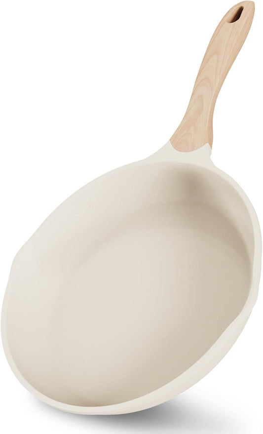 JEETEE 8 Inch Nonstick Frying Pan, Stone Coating Cookware, Nonstick Omelette Pan with Heat-Resistant Handle, Induction Skillet for Eggs(Beige)