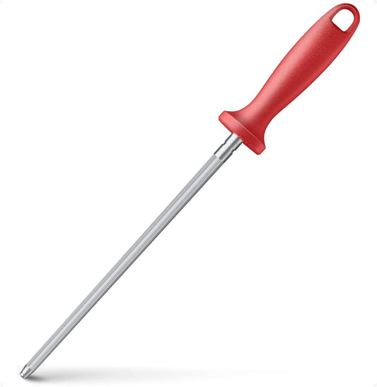 Knife Sharpener Rod, Kitchen Knives Sharpener Carbon Steel Professional Knife Sharpening Steel, Red Diamond Honing Rod with Hanging Holes (13 inches)