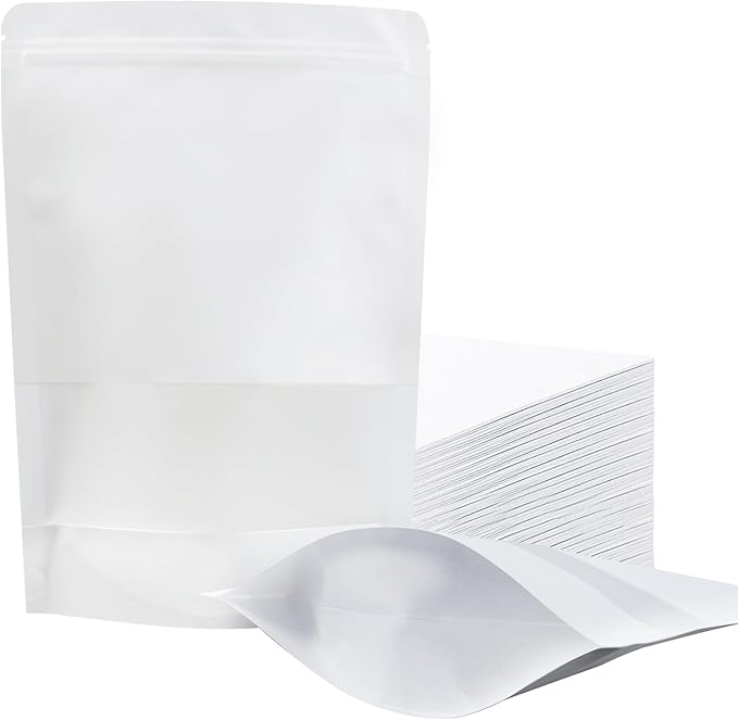 100 PCS Resealable Bags, Stand Up Kraft Paper Bags with Matte Window, Zipper Lock Food Storage Bags for Small Business and Home, 3.54 * 5.51 Inch Reusable Sealable Bags for Packaging -White