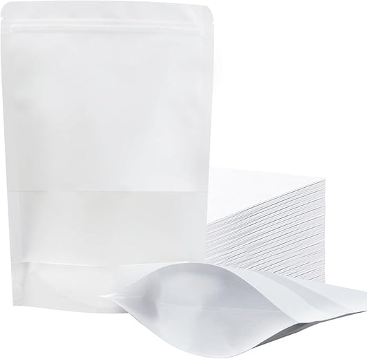 100 PCS Resealable Bags, Stand Up Kraft Paper Bags with Matte Window, Zipper Lock Food Storage Bags for Small Business and Home, 3.54 * 5.51 Inch Reusable Sealable Bags for Packaging -White