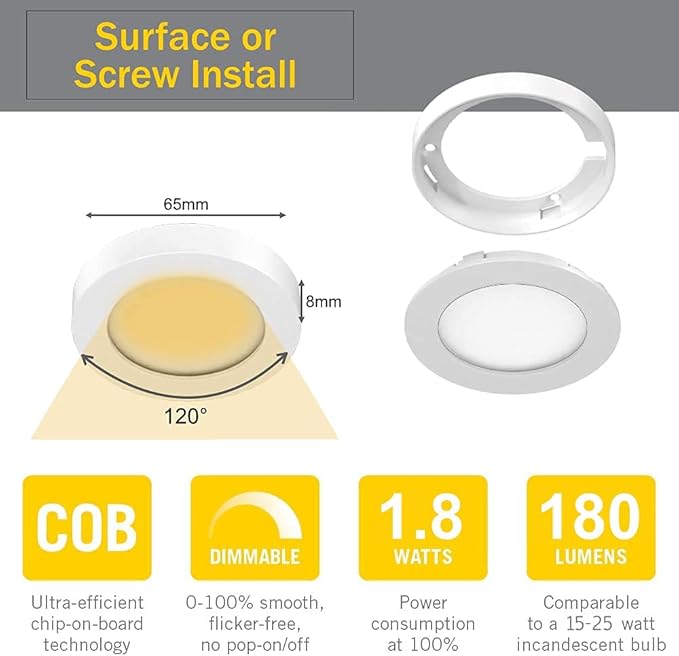VST Under Cabinet Lighting 12V 2W(12W Total, 60W Equivalent), with Wireless Dimmer Switch, Recessed or Surface Mount Puck Light for Kitchen,Wardrobe,Pantry,Decor, 6 Pack White 4000K…