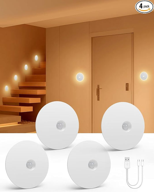 Yiliaw Motion Sensor Night Light, Rechargeable Stair Lights Indoor, Warm White with Wireless Magnetic Mount, Adjustable Brightness & 3 Color Temps for Hallway, Stairway, Bathroom, Closet (4 Pack)