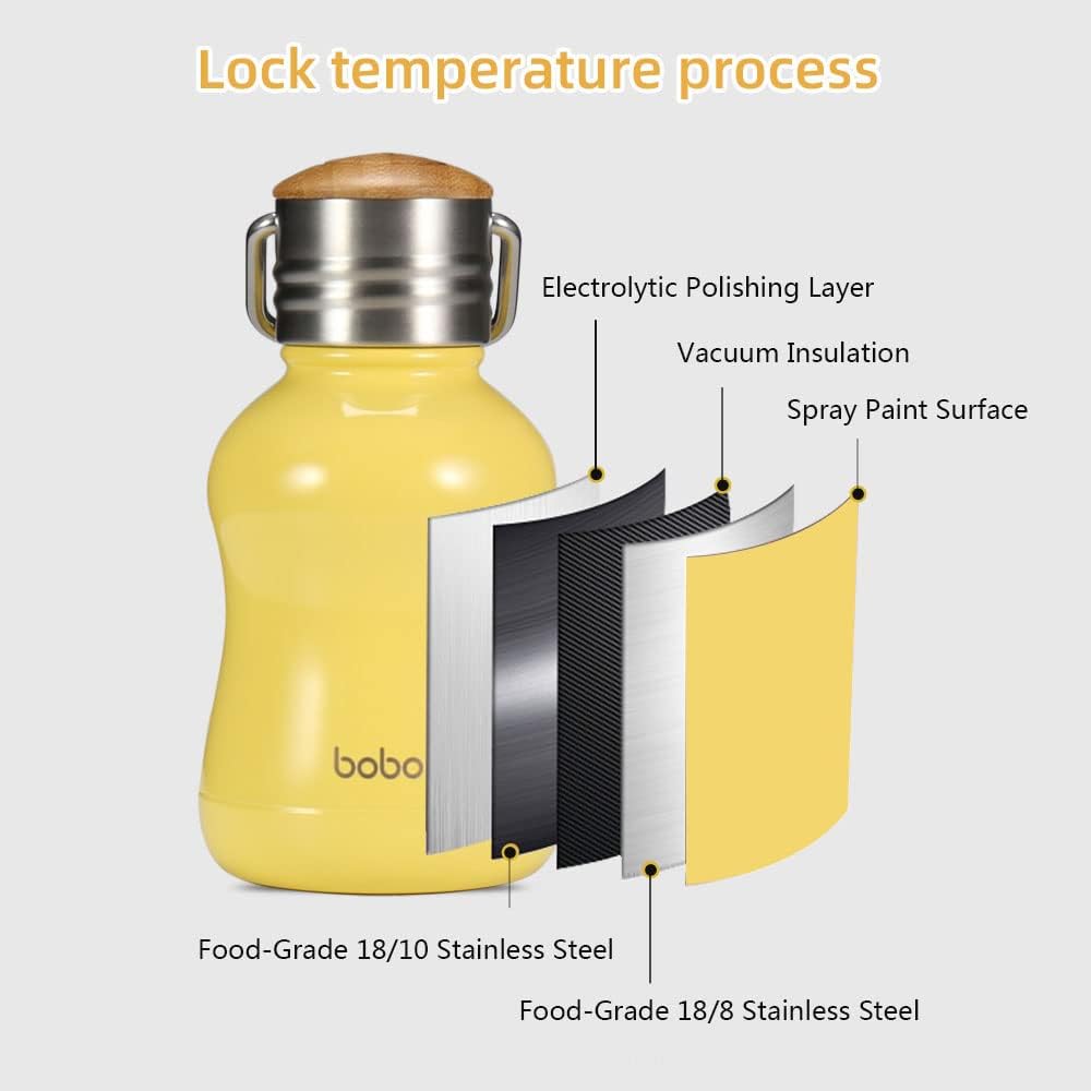 YOHKOH Mini Vacuum Insulated Water Bottle With Bamboo Lid - Stainless Steel Thermos Water Bottle for Women Girls Kids, Metal Sports Hot and Cold Water Bottle Leak-Proof BPA-Free (6.4oz,Yellow)