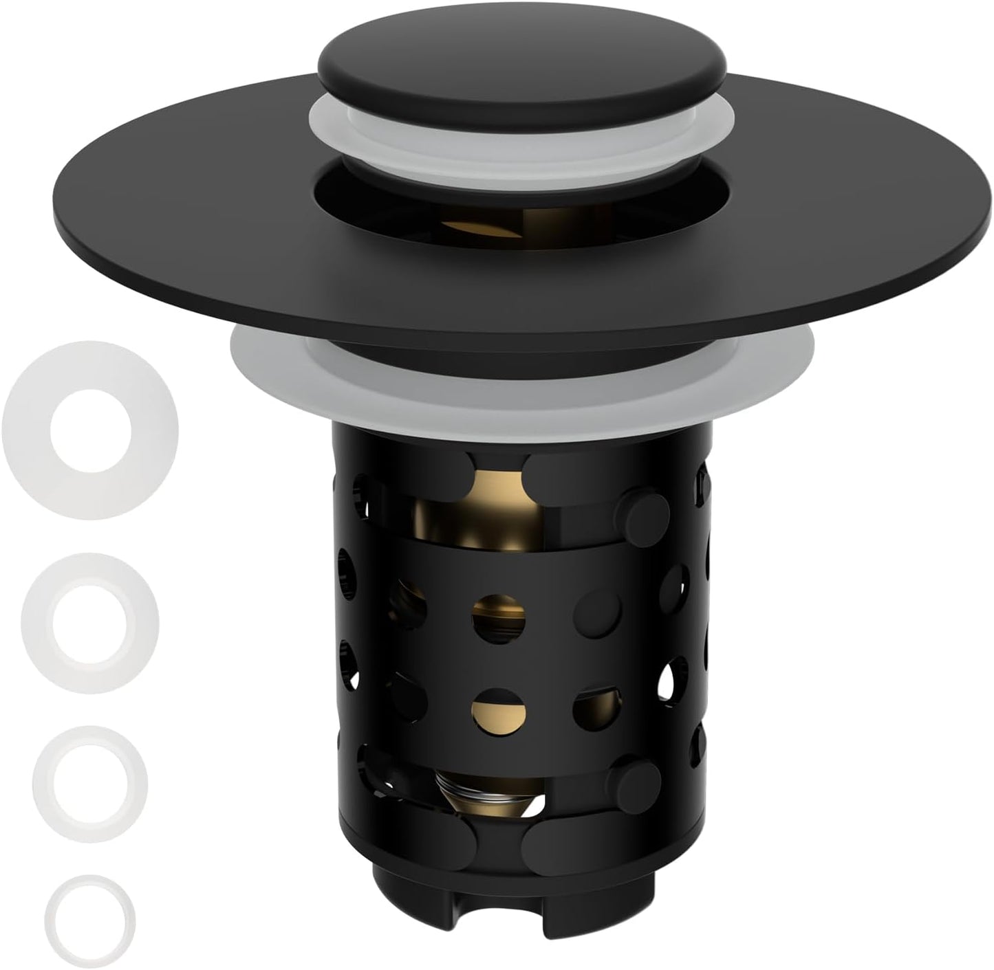 Universal Bathroom Sink Stopper Hair Catcher Upgraded with 2-Layer Detachable Filter Basket, 4 in 1 Pop Up Drain Strainer, Anti-Clog, Odor-Block, Universal Fit for 1.1''~2.36'' Sinks, Matteblack