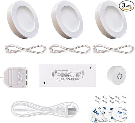 VST Under Cabinet Lighting 12V 2W/pc, Wireless Dimmer Switch, Recessed or Surface Mount Wiring Puck Light for Kitchen,Wardrobe, Showcase Display 3 Pack White 4000K