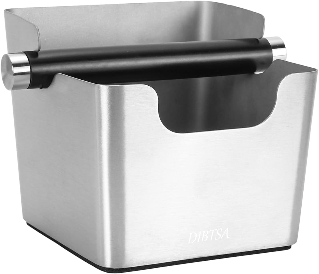 DIBTSA Knock Box Espresso, Stainless Steel Knock Box for Coffee Grounds, with Removable Rubber Bar and Anti-slip Pad, Large, Silver