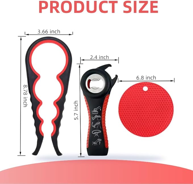 Arthritis Jar Opener for Weak Hands & Seniors 5 in 1 Non-Slip Bottle Can Opener Tool with Ergonomic Rubber Grip, 4 in 1 Adaptive Jar Lid Opener and Gripper ，Elderly Kitchen Essentials