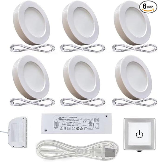 VST Under Cabinet Lighting Plug in with Wired Touch Dimmer Switch,Recessed or Surface Mount Design,Natural White 4000K 12V 2W(12W Total, 6 Pack White Puck Lights Fixtures