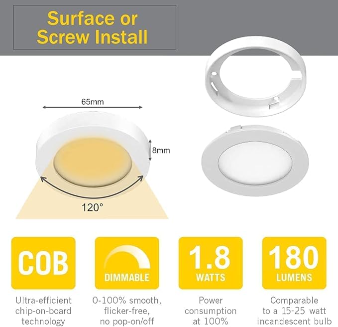 VST Under Cabinet Lighting Plug in with Wireless Touch Dimmer Switch, Recessed or Surface Mount Design, Warm White 3000K 12V 2W(12W Total, 60W Equivalent), 6 Pack Puck Lights Fixtures