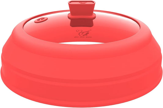 Microwave Splatter Cover Glass Splatter Guard Lid with Collapsible Silicone for Food Plate Cover 9 inch Red