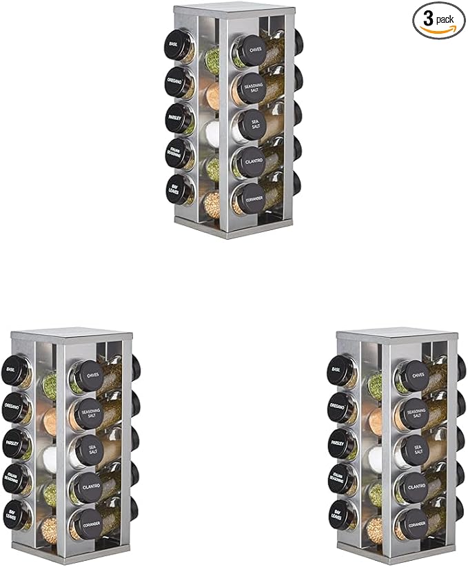 Kamenstein 20 Jar Heritage Revolving Countertop Spice Rack Organizer with Spices Included, FREE Spice Refills for 5 years, Brushed Stainless Steel with Black Caps (Pack of 3)