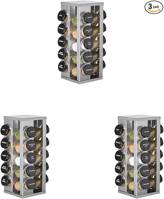 Kamenstein 20 Jar Heritage Revolving Countertop Spice Rack Organizer with Spices Included, FREE Spice Refills for 5 years, Brushed Stainless Steel with Black Caps (Pack of 3)