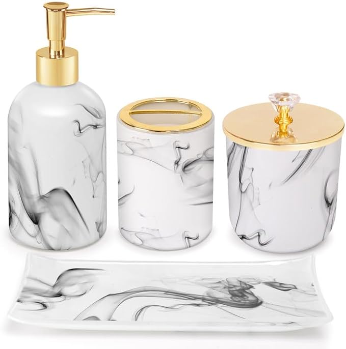 Haturi Bathroom Accessories Set, 4 Pcs Marble Look Sets Soap Dispenser & Toothbrush Holder Counter Top Restroom Apartment Decor Stuff, Glass Kits, Gift for Women and Men, Ink White