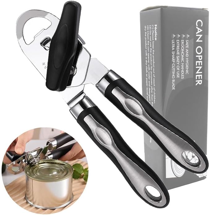 2025 Upgrade 3-in-1 Manual Can Opener with Bottle Opener & Milk Powder Opener, Effortless Operation, Soft Grip Handles, Easy to Turn, Heavy Duty Can Openers for Seniors - Remove Lid with Magnet, Black