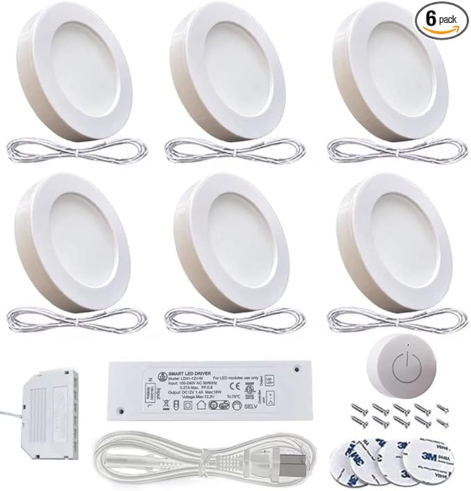 VST Under Cabinet Lighting Plug in with Wireless Touch Dimmer Switch, Recessed or Surface Mount Design, Warm White 3000K 12V 2W(12W Total, 60W Equivalent), 6 Pack Puck Lights Fixtures