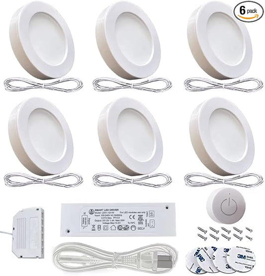 VST Under Cabinet Lighting Plug in with Wireless Touch Dimmer Switch, Recessed or Surface Mount Design, Warm White 3000K 12V 2W(12W Total, 60W Equivalent), 6 Pack Puck Lights Fixtures