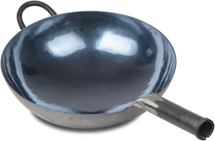 臻三环 ZhenSanHuan Chinese Hand Hammered Iron Woks and Stir Fry Pans, Non-stick, No Coating, Carbon Steel Pow (34CM, BlueBlack Seasoned with help handle)