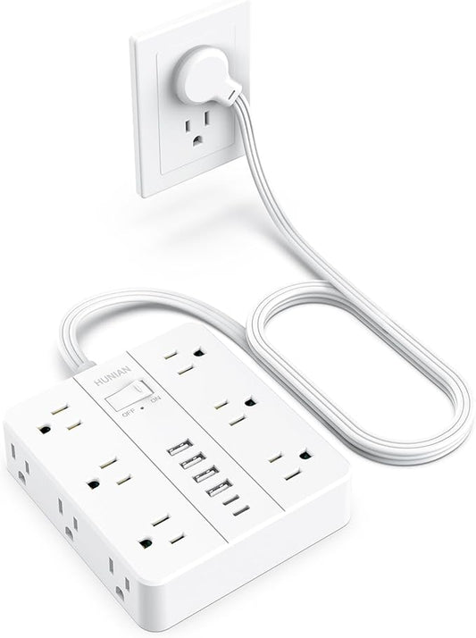 Power Strip with USB Ports, HUNIAN 5Ft Flat Plug Extension Cord Surge Protector, 12 Widely Outlet Extender with 6 USB Charger (2 USB C Ports), Desk Charging Station for Home, Office Supplies