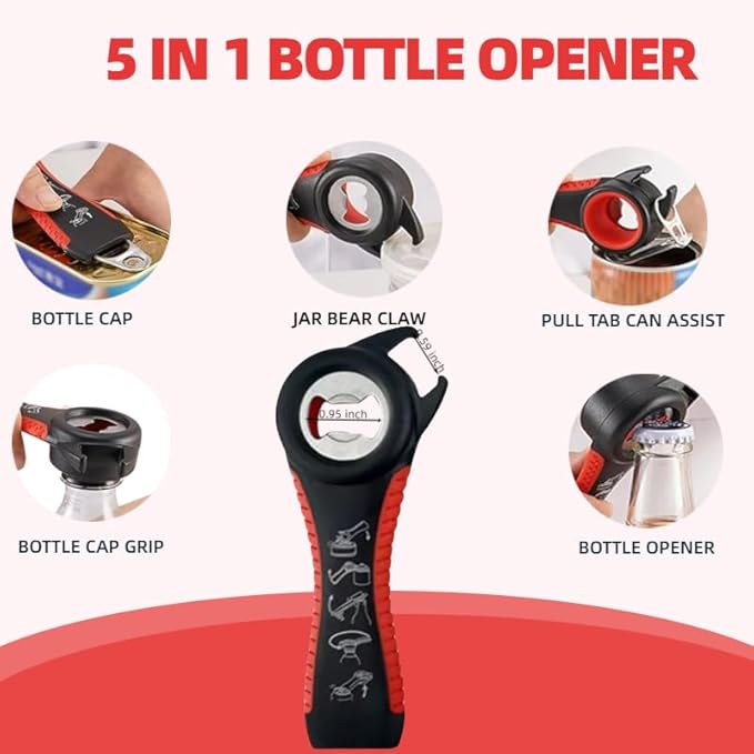 Arthritis Jar Opener for Weak Hands & Seniors 5 in 1 Non-Slip Bottle Can Opener Tool with Ergonomic Rubber Grip, 4 in 1 Adaptive Jar Lid Opener and Gripper ，Elderly Kitchen Essentials