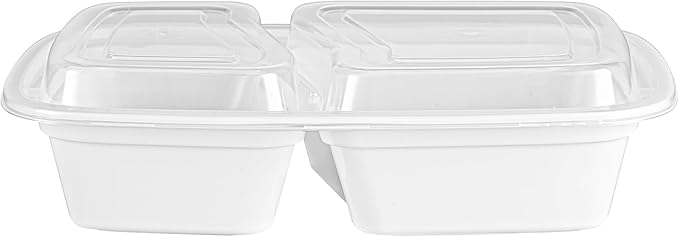 Restaurantware Asporto 32 Ounce Compartment Take Out Boxes, 50 Microwavable Meal Prep Containers - 2 Compartments, With Clear Plastic Lids, White Plastic Food Containers, Do Not Contain BPA