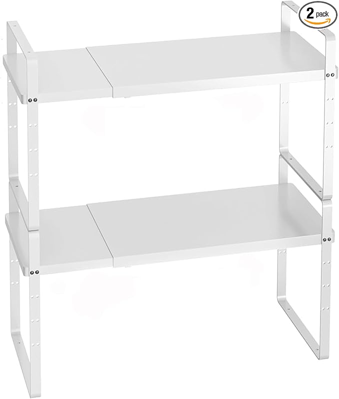 Redrubbit Expandable Cabinet Shelf Organizers, Stackable Kitchen Counter Shelves Spice Rack for Kitchen Bathroom Pantry Cupboard Desk Home Office, Metal Plate Heavy Duty Nonslip White, Set of 2
