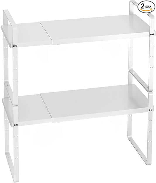 Redrubbit Expandable Cabinet Shelf Organizers, Stackable Kitchen Counter Shelves Spice Rack for Kitchen Bathroom Pantry Cupboard Desk Home Office, Metal Plate Heavy Duty Nonslip White, Set of 2