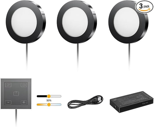 VST Under Cabinet Lights CCT 3000K-6000K, Puck Lights Color Temperature and Brightness Adjustable with Touch Switch and ETL Listed Led Driver, Plug in Led Light for Kitchen Under Cabinet 3pack