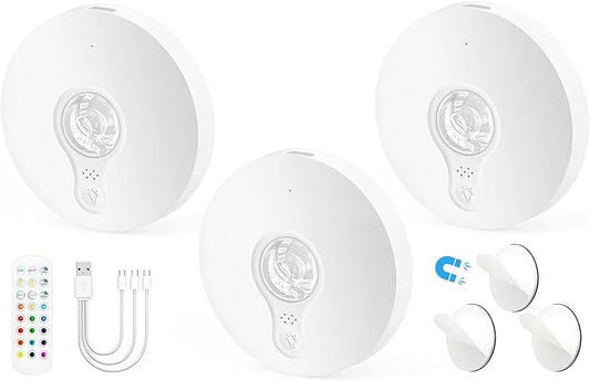 Rechargeable Puck Lights with Remote, 3 Pack Magnetic Under Cabinet Lighting, 1500mAh Battery Operated LED Tap Lights with Dimmer & Timmer for Kitchen, Closet, Shelf - 3 Color Temps & 12 RGB, White