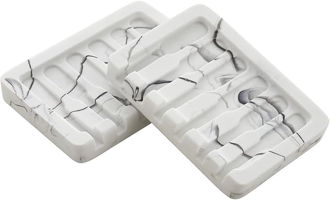 Self Draining Soap Dish - Marble Look Soap Holder Tray Savers Box Container Sponge Holder for Bathroom Shower Kitchen, White