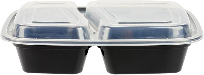 Restaurantware Asporto 32 Ounce Compartment Take Out Boxes, 50 Microwavable Meal Prep Containers - 2 Compartments, With Clear Plastic Lids, Black Plastic Food Containers, Do Not Contain BPA