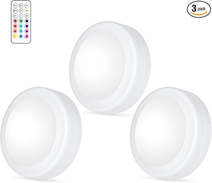 Yiliaw LED Puck Lights with Remote Control, AA Battery Operated, 12 Color Closet Under Cabinet Lighting, Push Tap Light, Under Counter for Kitchen, 3 Pack, White-Magnetic