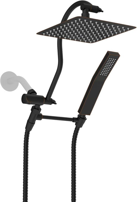 Hibbent All Metal Shower Head, 8'' High Pressure Rainfall Shower Head, Showerhead Combo, Handheld Shower Wand, 12'' Adjustable Curved Extension Arm, 71'' Hose, Shower Head Holder, Oil Rubbed Bronze