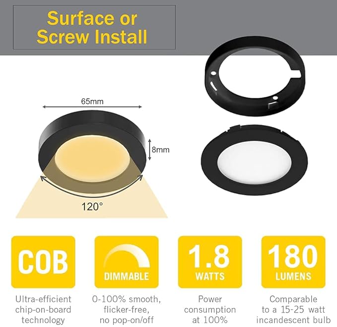 VST Under Cabinet Lighting 12V 2W(12W Total, 60W Equivalent) with Wireless Dimmer Switch, Recessed or Surface Mount Wired Puck Light for Kitchen,Wardrobe, Showcase Display 6 Pack Black 4000K…