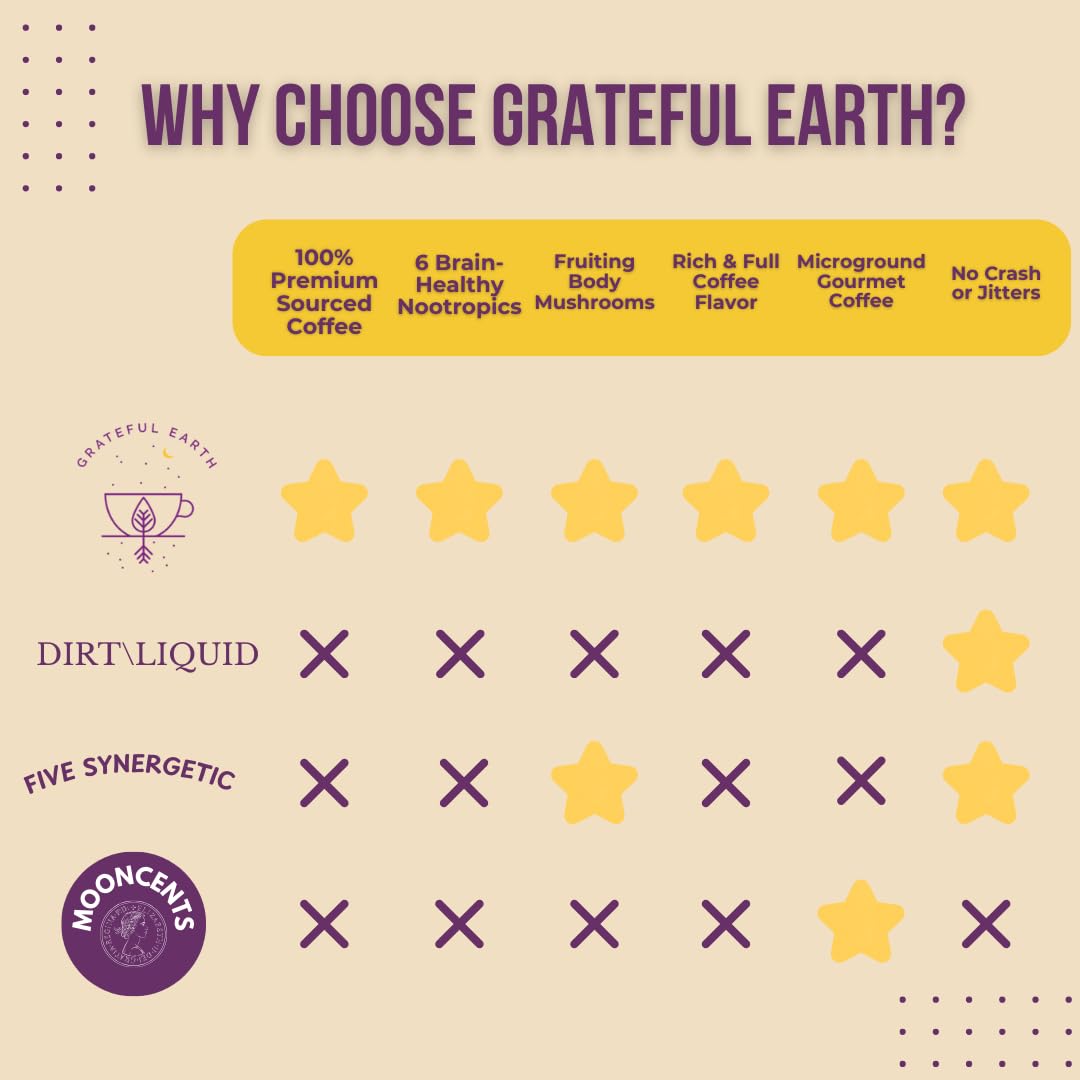 Grateful Earth Mushroom Coffee, Espresso Instant Coffee with Cinnamon, Turmeric, Lion’s Mane Mushrooms, L-Theanine, Chaga Super Brain Blend, Energy & Immune Support, Dairy & Gluten Free, 2 Bags, 40 Ct