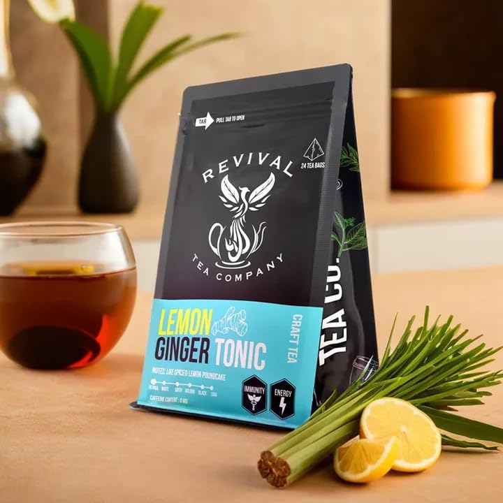 Revival Tea Company Lemon Ginger Tonic - Caffeine Free Herbal Tea Blend with Lemongrass and Ginger - 24 Tea Bags