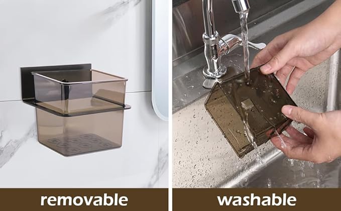 Toothbrush Holder Toothpaste Holder with Wall Mount for Family, Metal Frame & Plastic Black Bathroom Organizer Set with Adhere Tape for Bathroom -one Pack