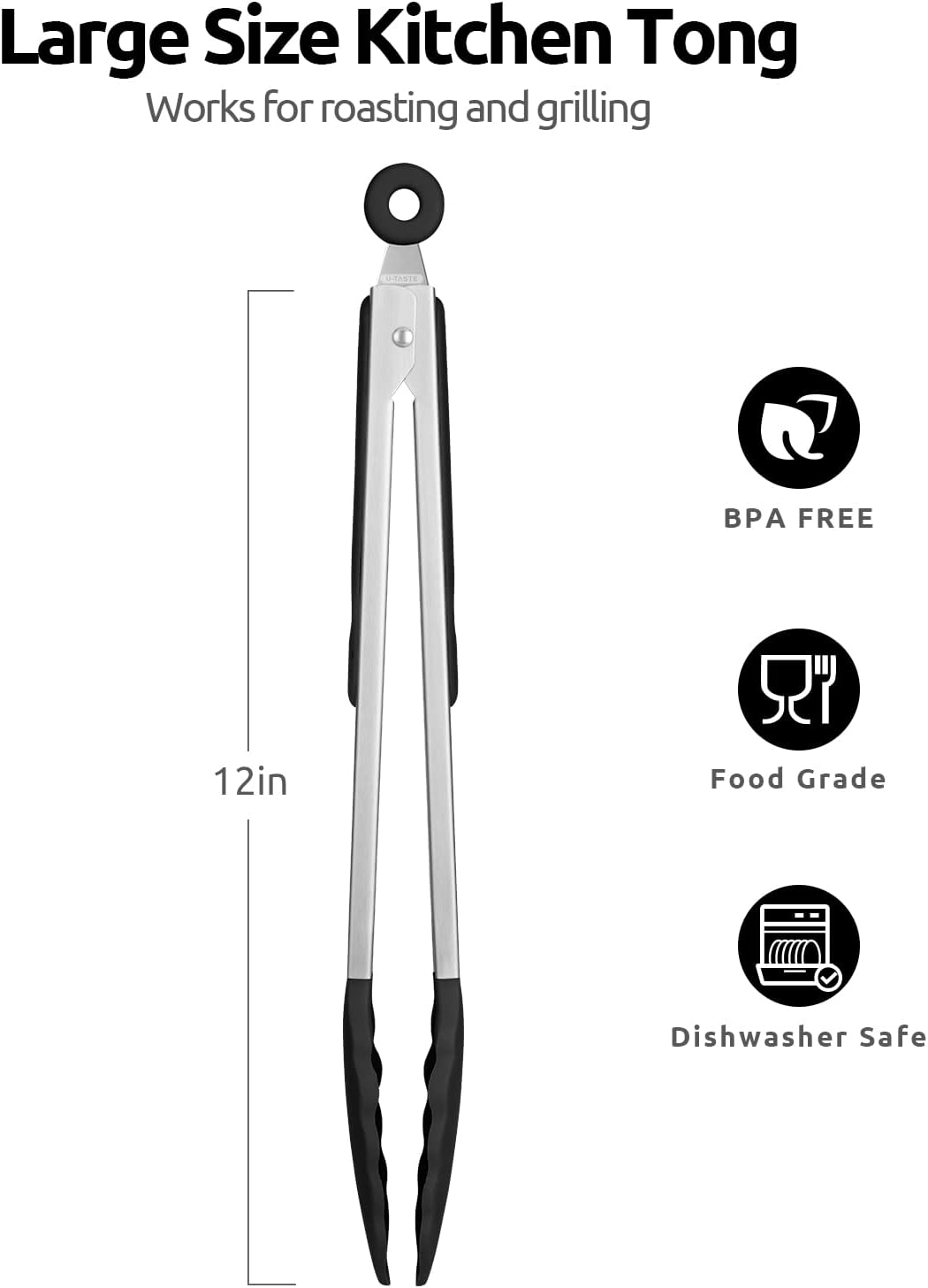 Heat Resistant Silicone Kitchen Tong: U-Taste 12 inch Large 480ºF Hot Proof Cooking Tong with Sturdy Non Stick Rubber Tips & Silicon Coated Steel Handle & Smooth Locking for Serving Grill Salad(Black)