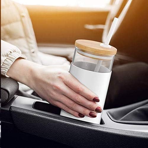 Tronco 20 oz Glass Tumbler With Lids and Straws, Glass Water Bottle Silicone Protective Sleeve, Iced Coffee Cup With Bamboo Lid, Reusable Smoothie Cup, BPA Free (White 2 Count)