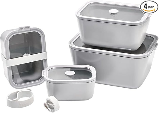 Glass Food Storage & Meal Prep Container Set of 4 with Airtight Glass Lids, Leakproof, 3 Free Straps, Ceramic-Coated Borosilicate, Oven, Microwave Safe, BPA & Plastic-Free