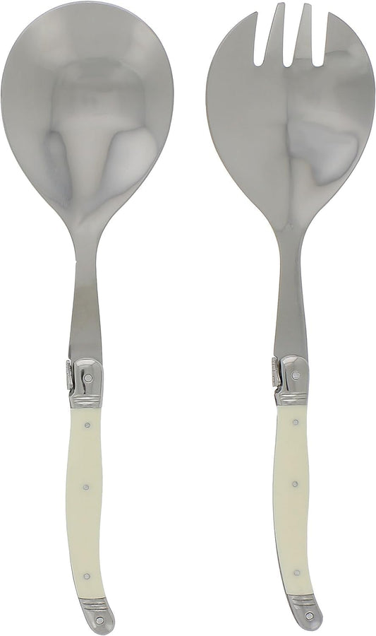 French Home Laguiole Connoisseur (Faux Ivory) Salad Servers 2 Piece Set — Stainless Steel Flatware Set — Salad Serving Utensils — Silverware Set Spoon and Fork Set — Dining Utensils Set