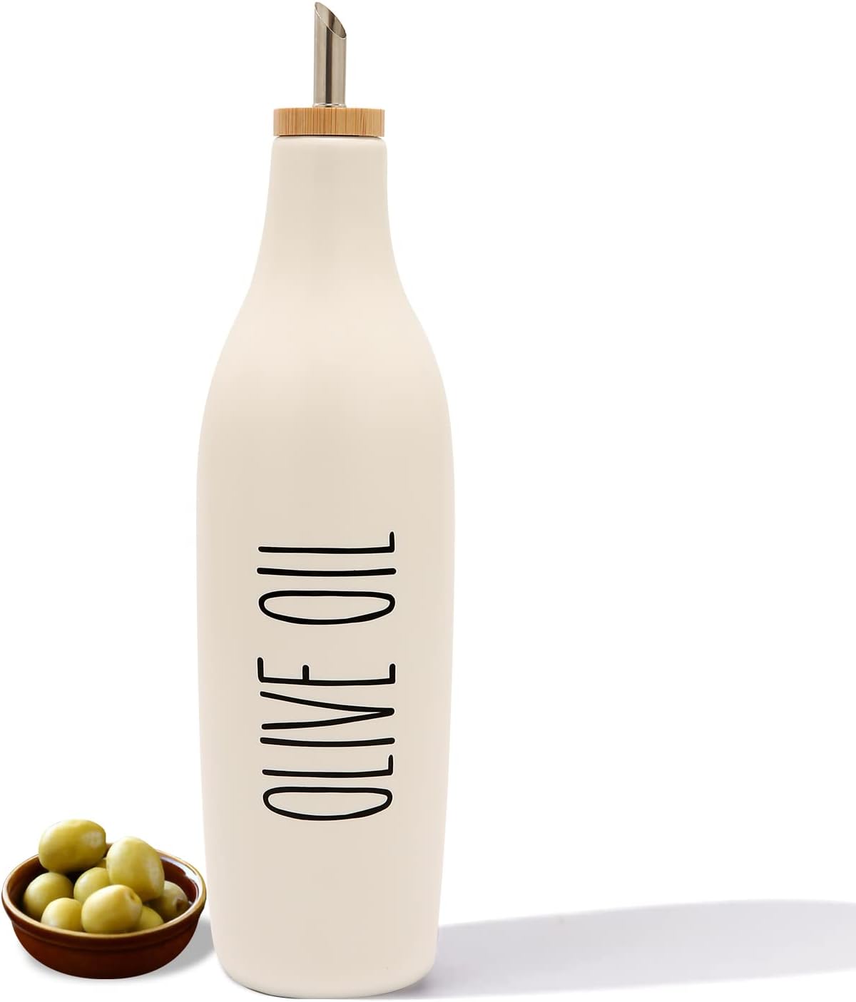 HOMCDALY Ceramic Olive Oil Dispenser for Kitchen, Stoneware 16oz Oil Cruet and Vinegar Bottles Dispenser, Kitchen Dispenser Bottle for EVOO Vinegar Syrups, Modern Farmhouse Design(W-O)