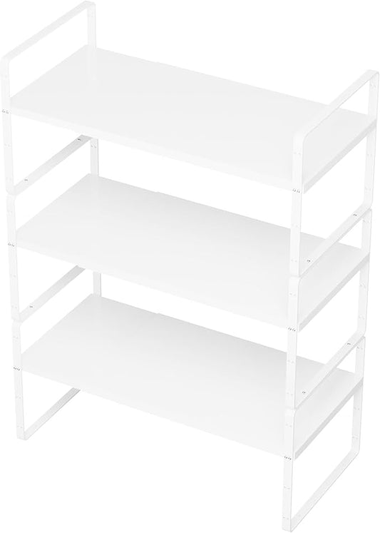 SANNO Expandable Kitchen Shelf Organizers, Stacking Shelf Large Kitchen Cupboard Organizer Stackable Counter Shelf Organizer Large Expandable Shelves, White 3 Pack
