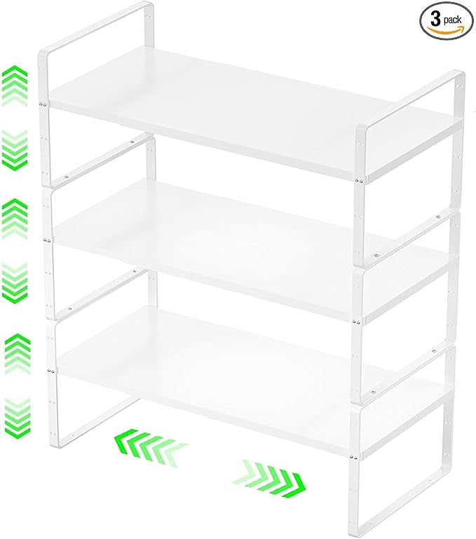‎Expandable Kitchen Cabinet Storage Shelf, Stackable Metal Pantry Storage Shelves Organizer, Adjustable Height Counter Spice Rack for Kitchen Cabinet (White - 16.5"-27" L x 8" W x 9.6" H - 3Pack)