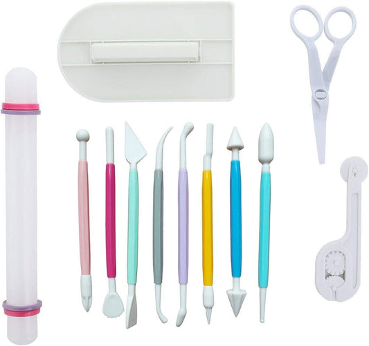 Marshmallow Fondant Cake Decorating Hand Tool 12 Pcs 5 Sets Sugarcraft Gumpaste Icing Smoother Rolling Pin Trimmer Cutter Embosser Flower Scissor Modelling Accessories Supplies Kit Multi